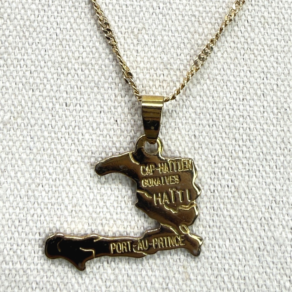 Haiti Map Pendant Necklace Cap Haitian Gonaives Port au Prince Gold Tone Charm